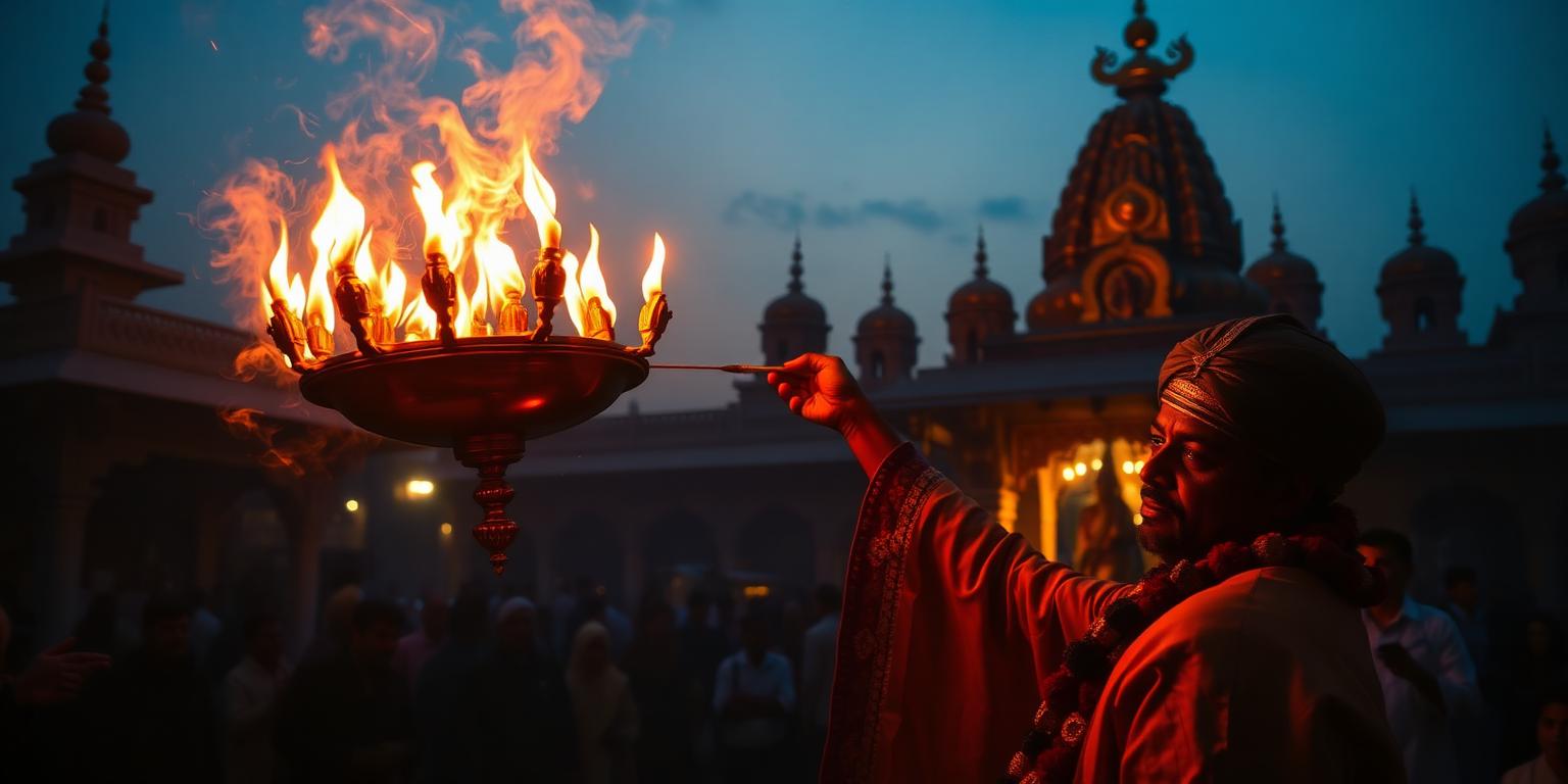 Thousands of oil lamps lit across the temple courtyard